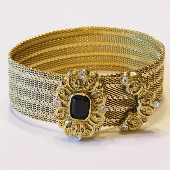 Beautiful Vintage Gold Mesh Bracelet With Black Stone & Rhinestones - 7" - Picture 1 of 4